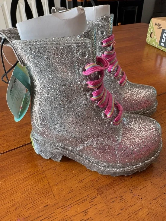 Western Chief Rain Boots Combat Toddler Size 5 Silver Glitter - Picture 2 of 7